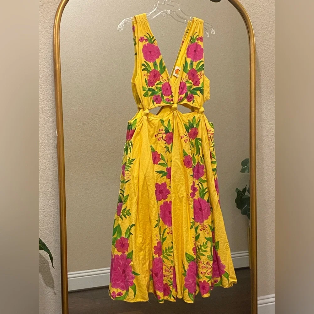FARM Rio Romantic Garden Yellow Pink Plunge Midi Dress Size M - Picture 4 of 13